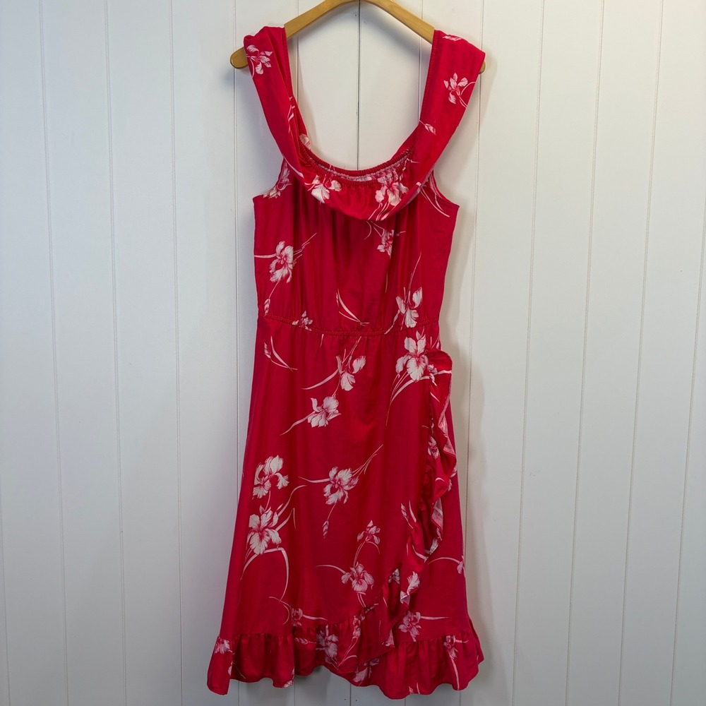 Vintage Casual Wear Hawaiian Floral Ruffle Midi Sundress Women Large Tropical